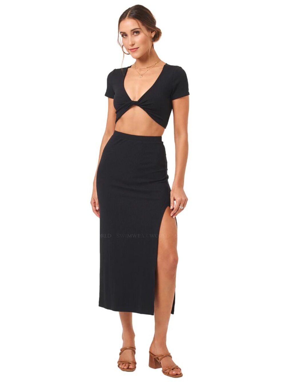Isla Skirt - L*Space - Black Ribbed Midi Skirt with Thigh Slit/Elastic Waistband